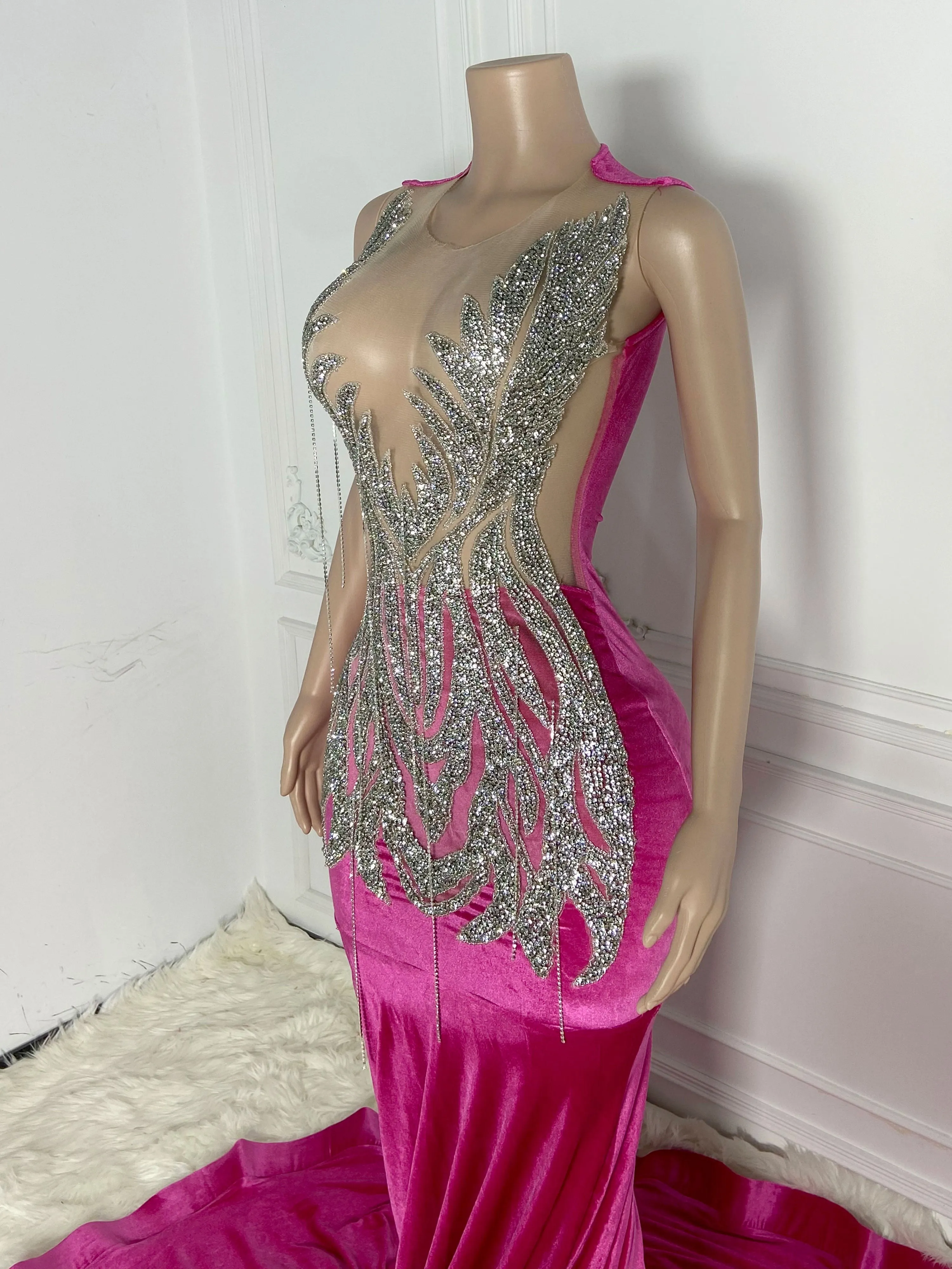 Silver Velvet Rhinestone Elegant Gown