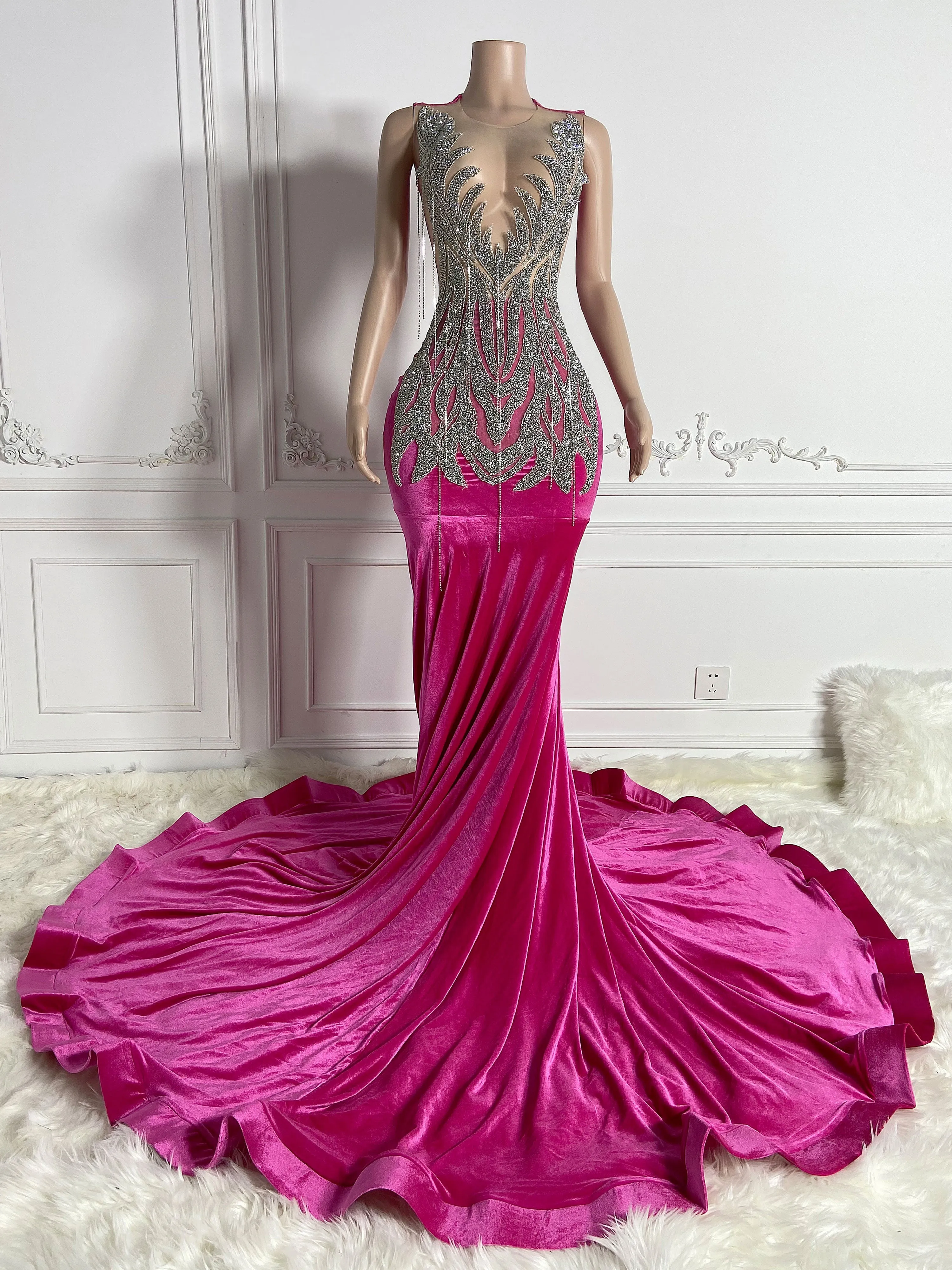 Silver Velvet Rhinestone Elegant Gown