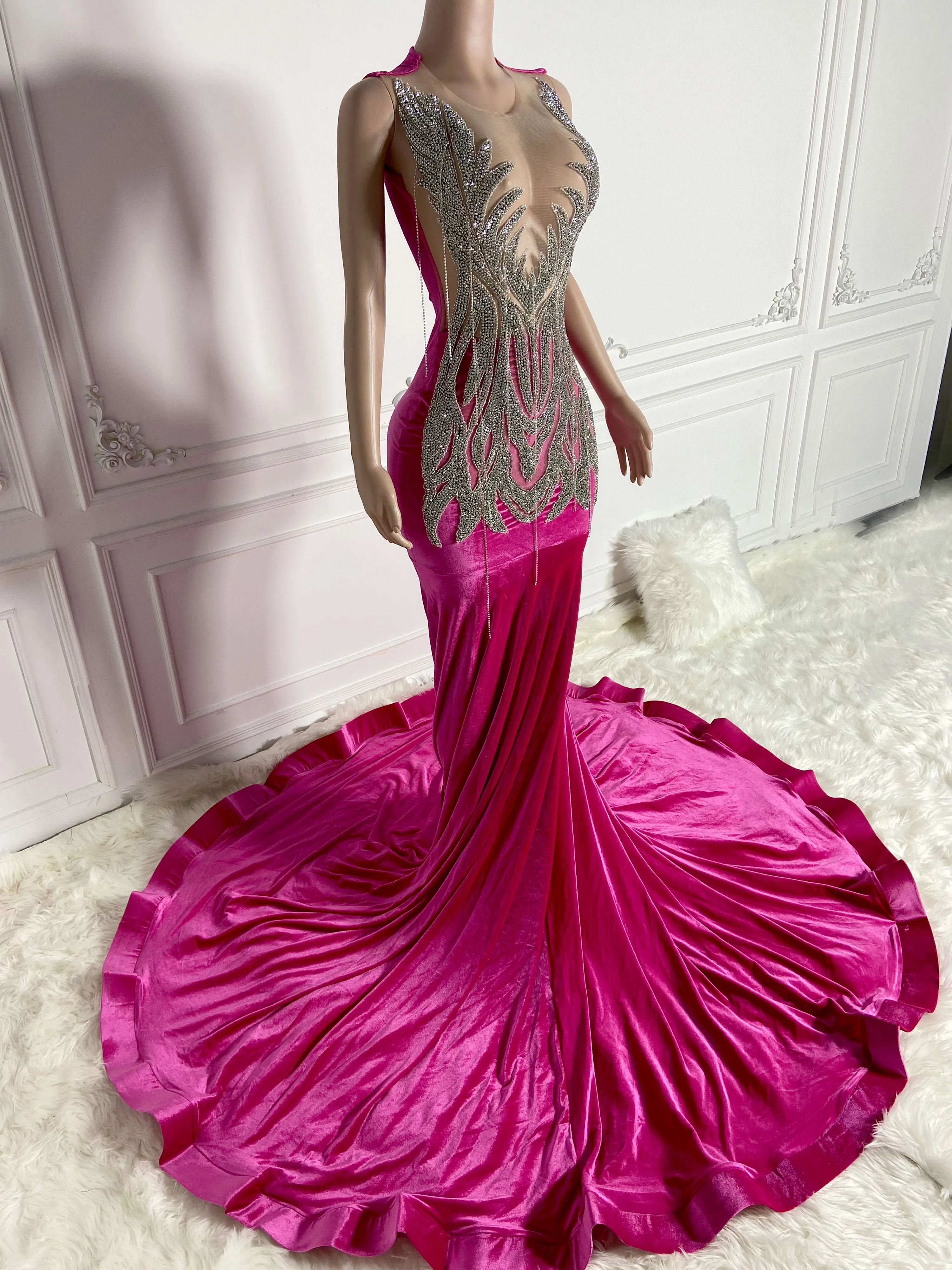 Silver Velvet Rhinestone Elegant Gown