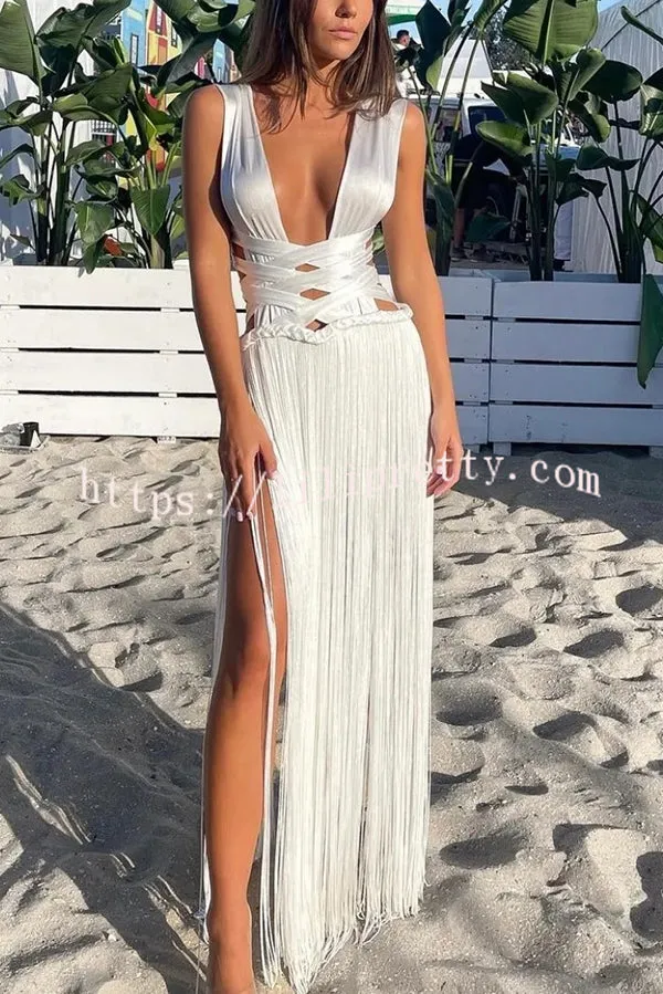 Solid Color Bandage Fringe Patchwork Hem Waisted Maxi Dress