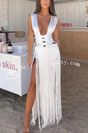 Solid Color Bandage Fringe Patchwork Hem Waisted Maxi Dress
