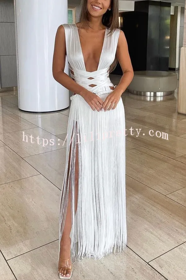 Solid Color Bandage Fringe Patchwork Hem Waisted Maxi Dress