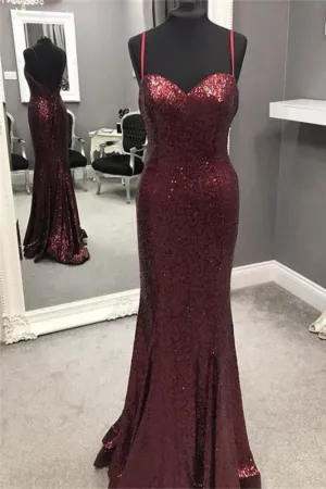 Spaghetti Strap Mermaid Sequined Prom Sparkly Floor Length Backless Evening Dress