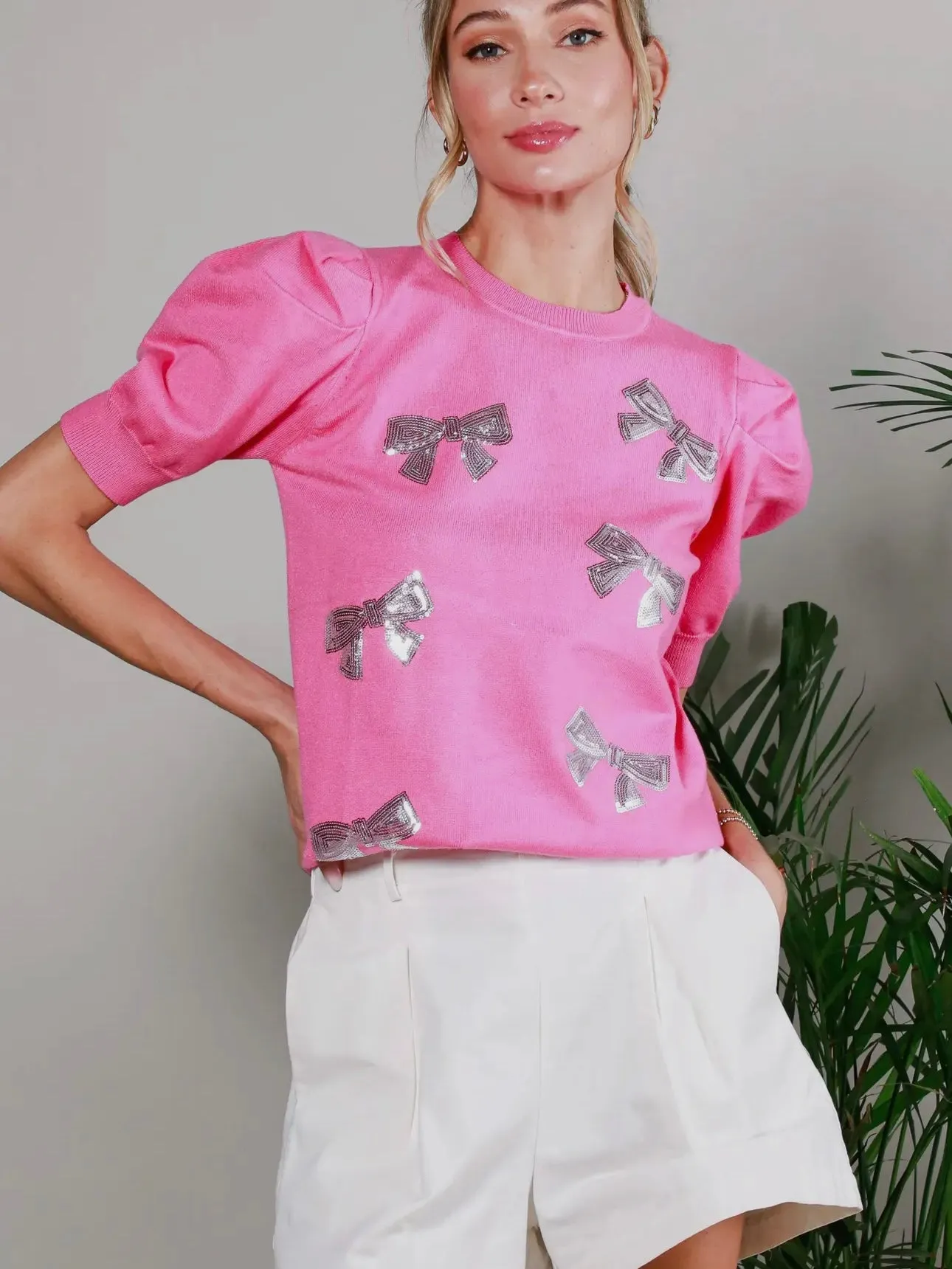 Sparkle Bow Sweater: Fuchsia
