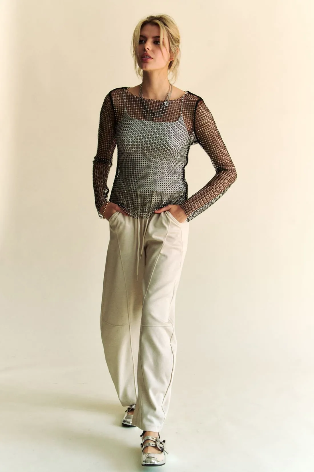 Sparkling Rhinestone Sheer Mesh Top in Black