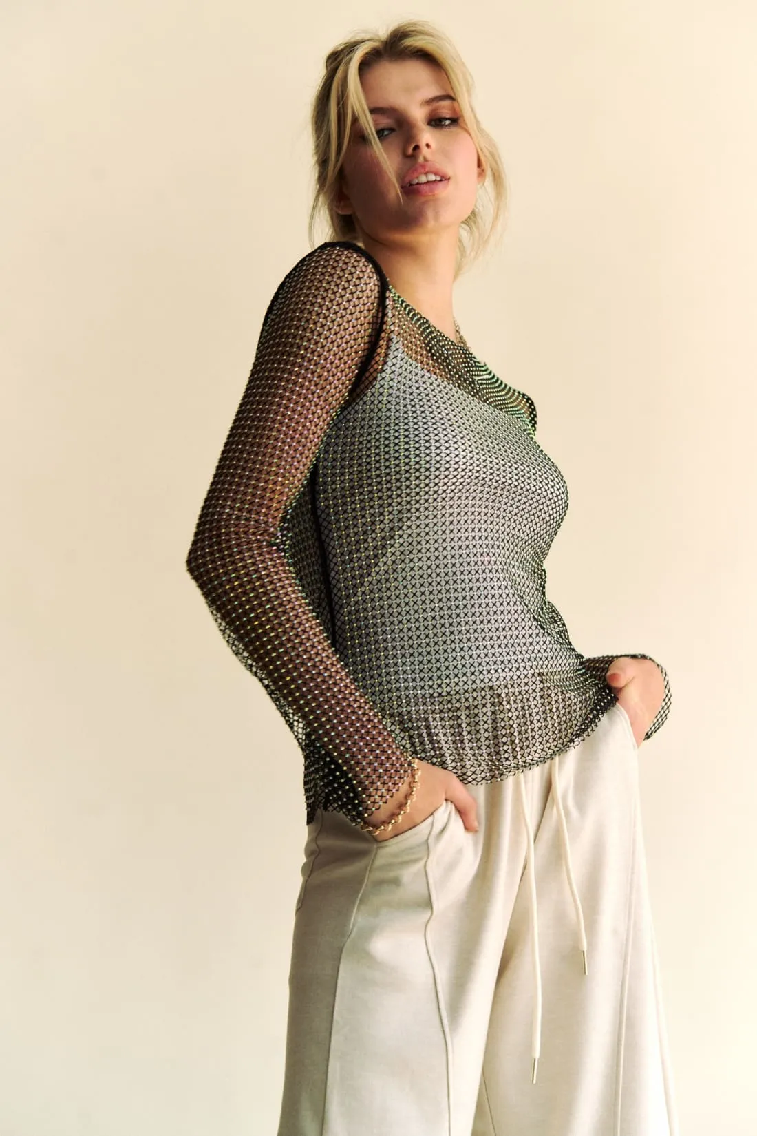 Sparkling Rhinestone Sheer Mesh Top in Black