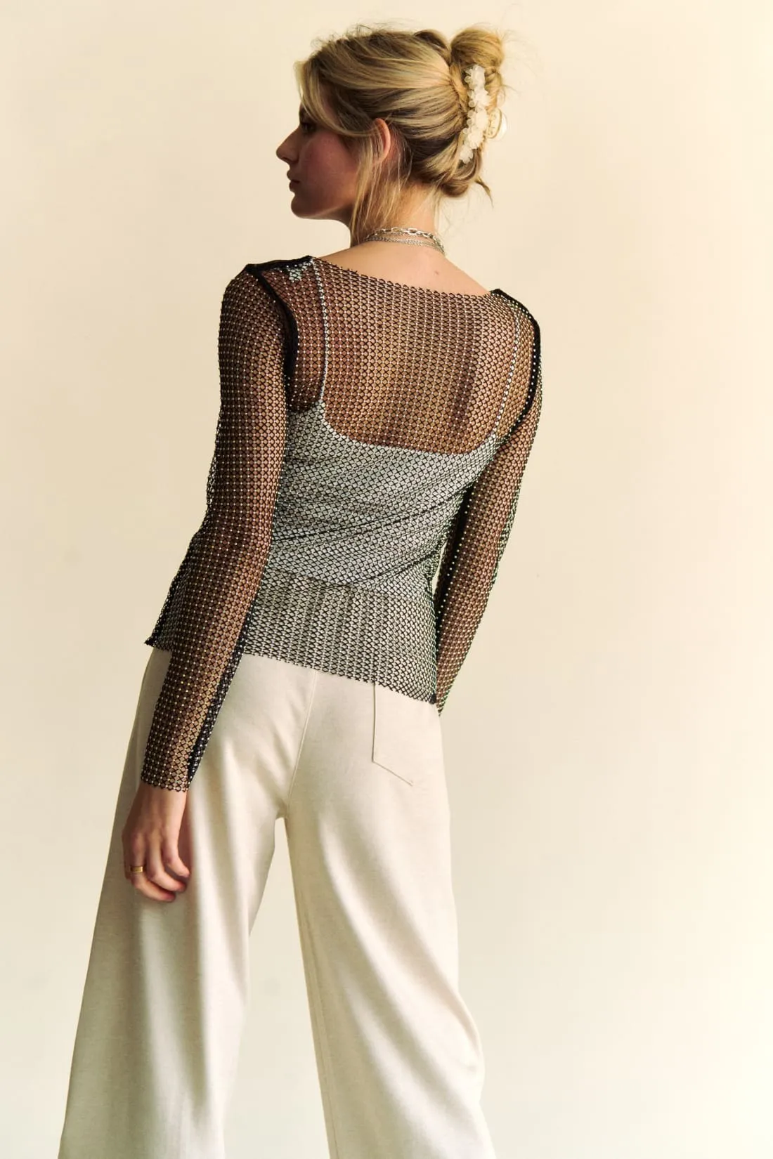 Sparkling Rhinestone Sheer Mesh Top in Black