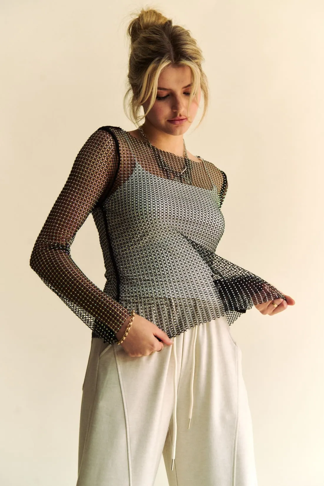 Sparkling Rhinestone Sheer Mesh Top in Black