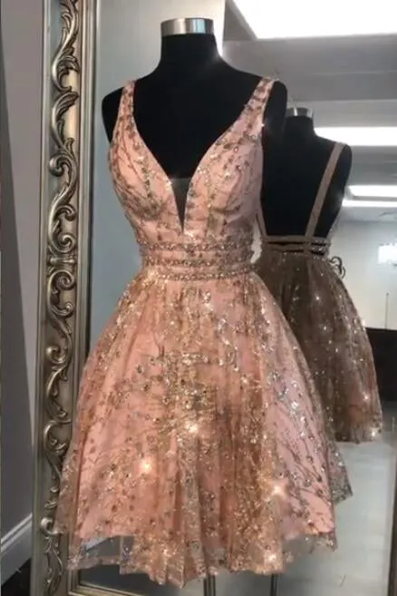 Sparkling Sequined Rose Gold Homecoming Dress