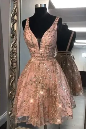 Sparkling Sequined Rose Gold Homecoming Dress