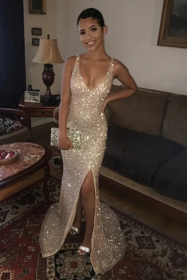 Sparkly Mermaid V-Neck Sleeveless Sequins Long Prom Dresses,MP457