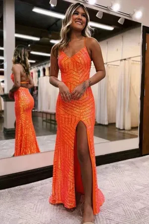 Sparkly Sequins Orange Spaghetti Straps Long Prom Dresses With Slit, MP997