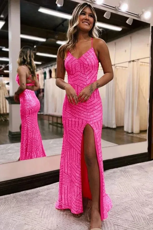 Sparkly Sequins Orange Spaghetti Straps Long Prom Dresses With Slit, MP997