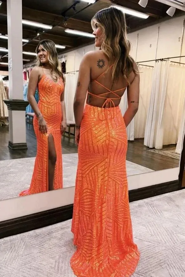 Sparkly Sequins Orange Spaghetti Straps Long Prom Dresses With Slit, MP997