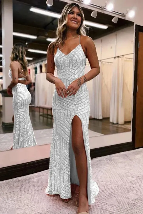Sparkly Sequins Orange Spaghetti Straps Long Prom Dresses With Slit, MP997