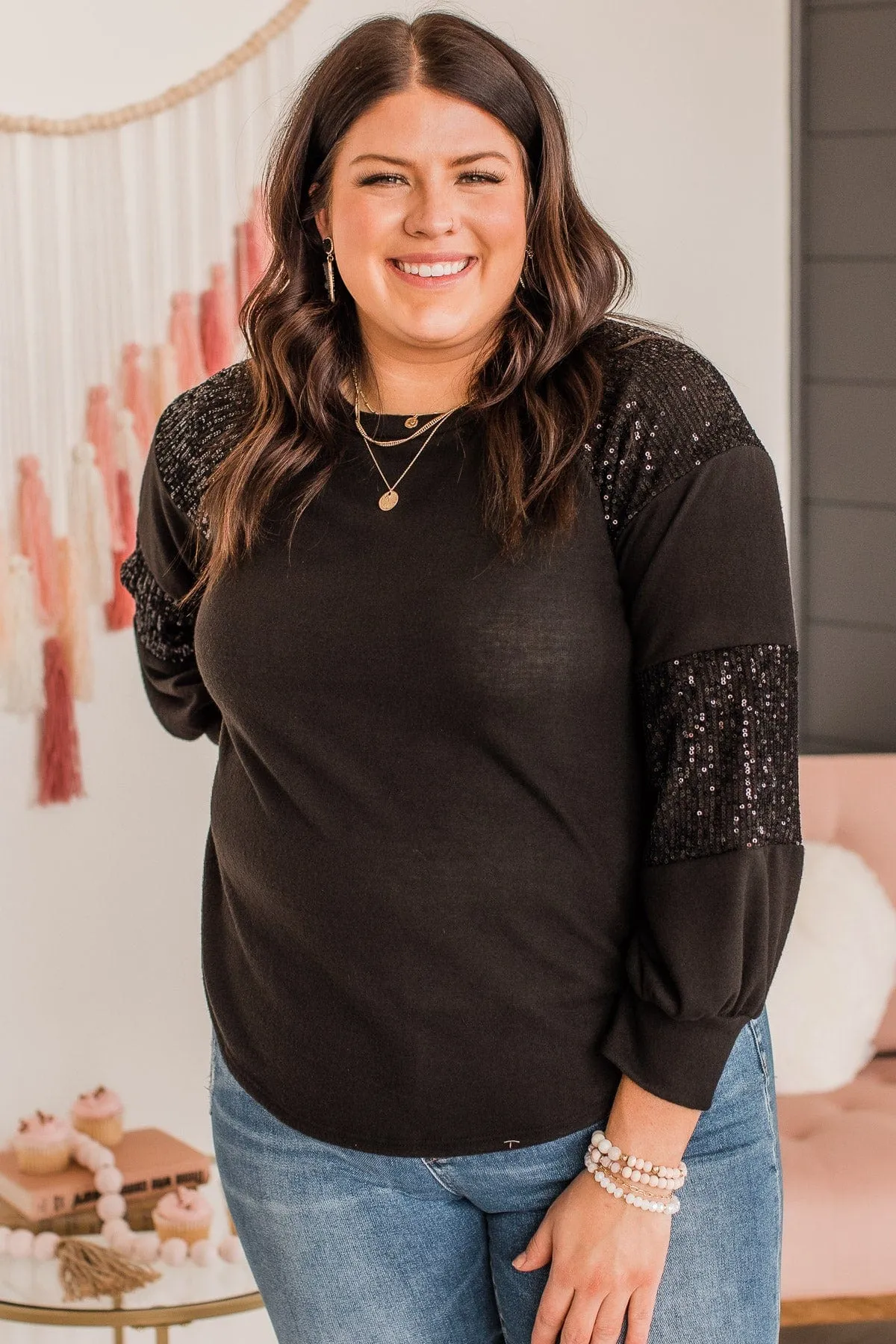 Special Moments Sequin Top- Black