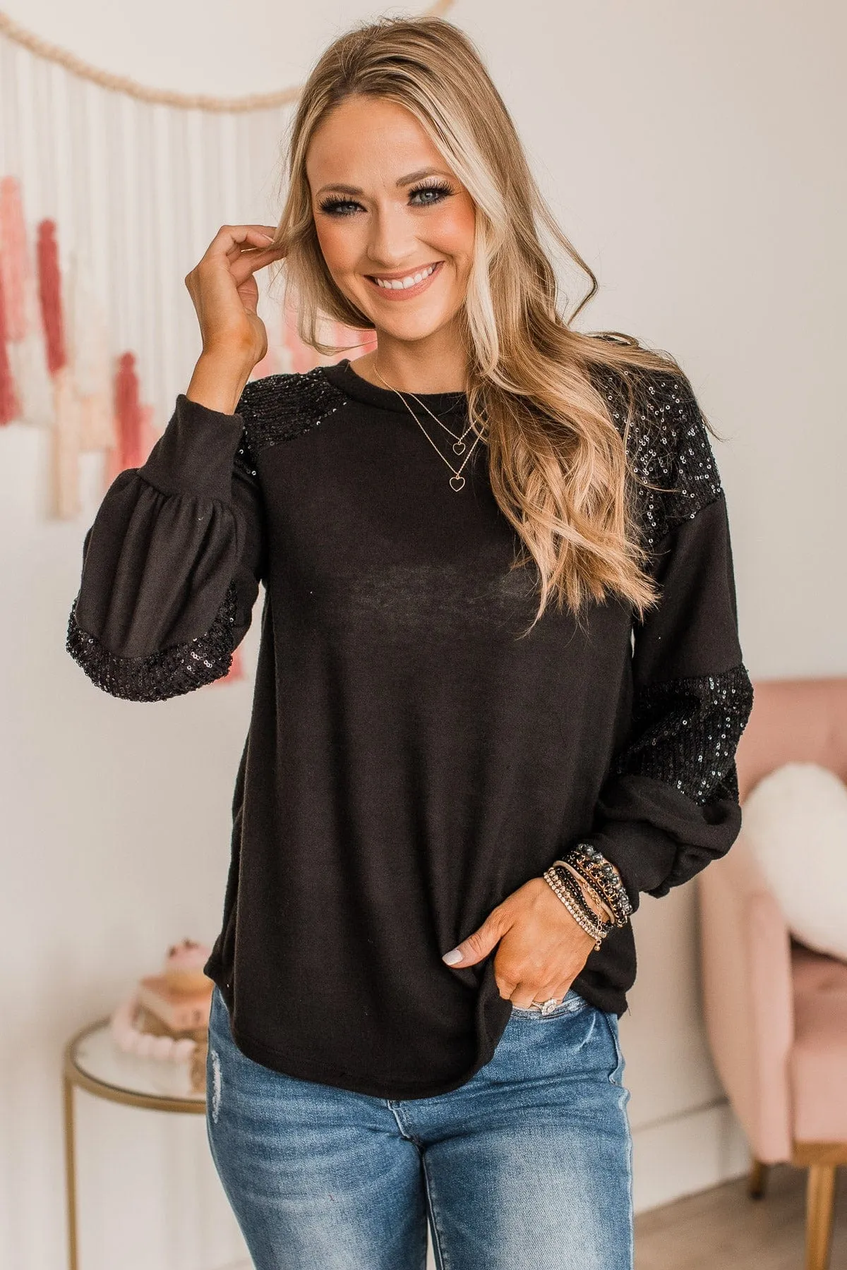 Special Moments Sequin Top- Black