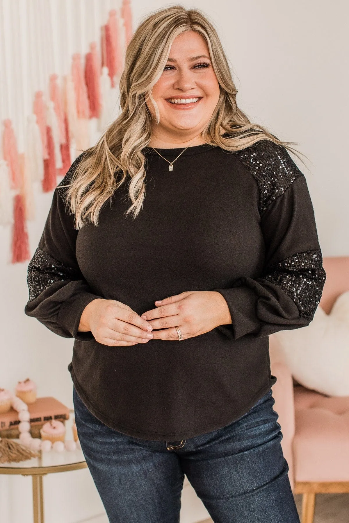 Special Moments Sequin Top- Black
