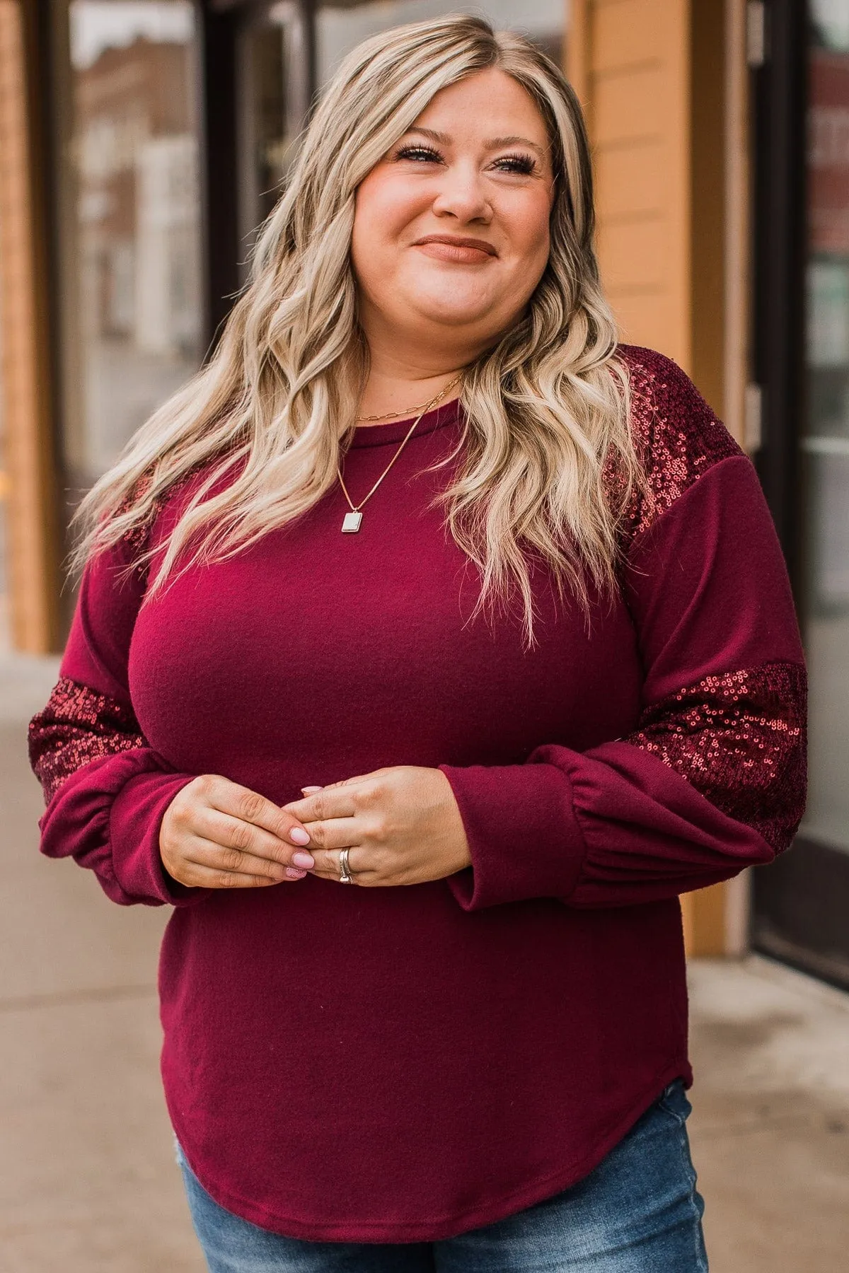 Special Moments Sequin Top- Burgundy