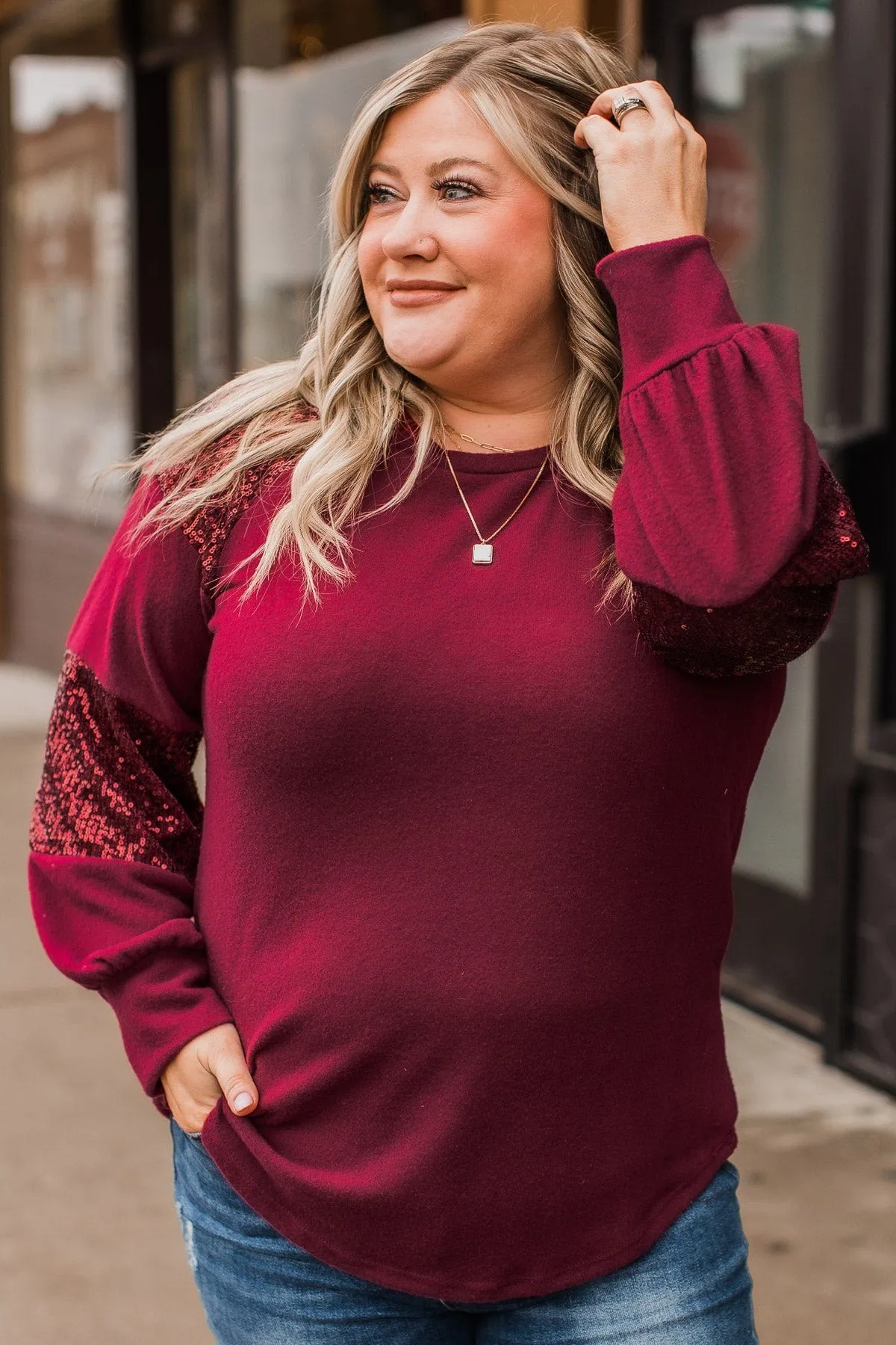 Special Moments Sequin Top- Burgundy