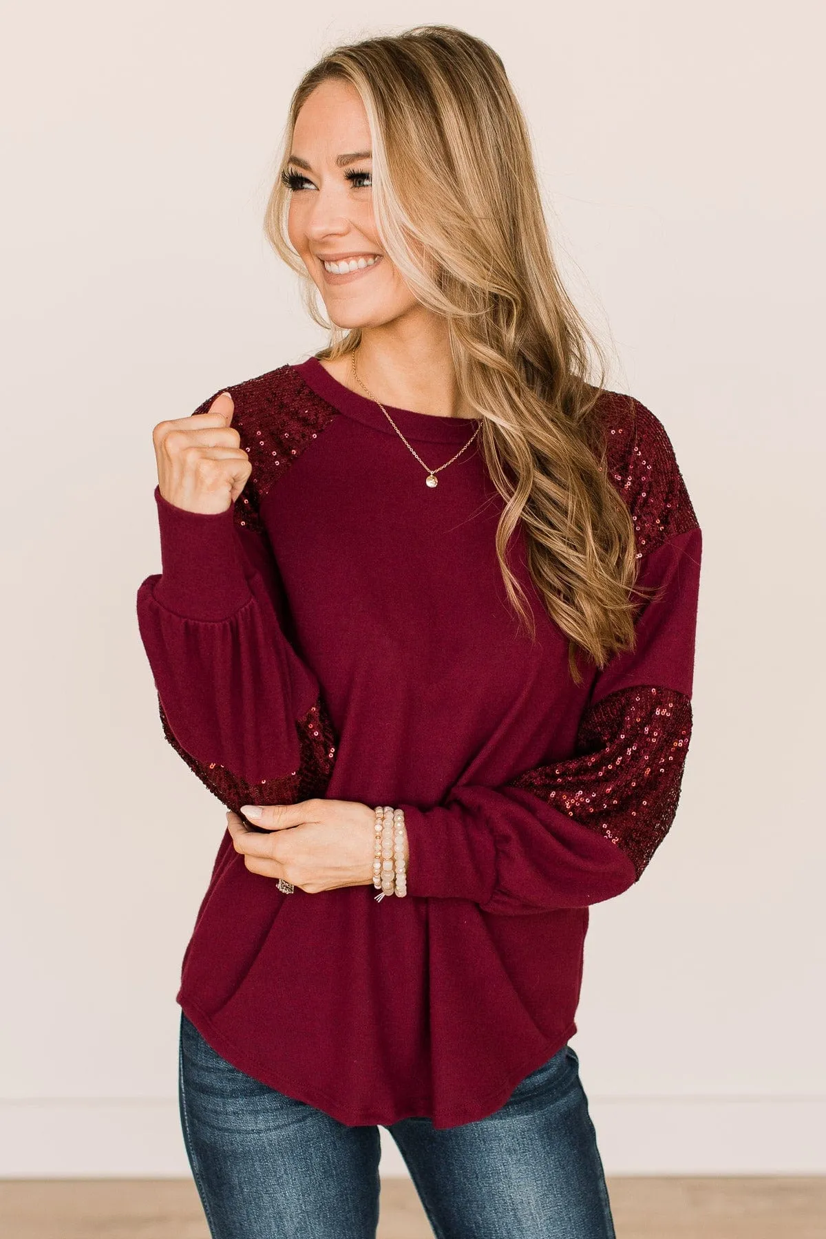 Special Moments Sequin Top- Burgundy