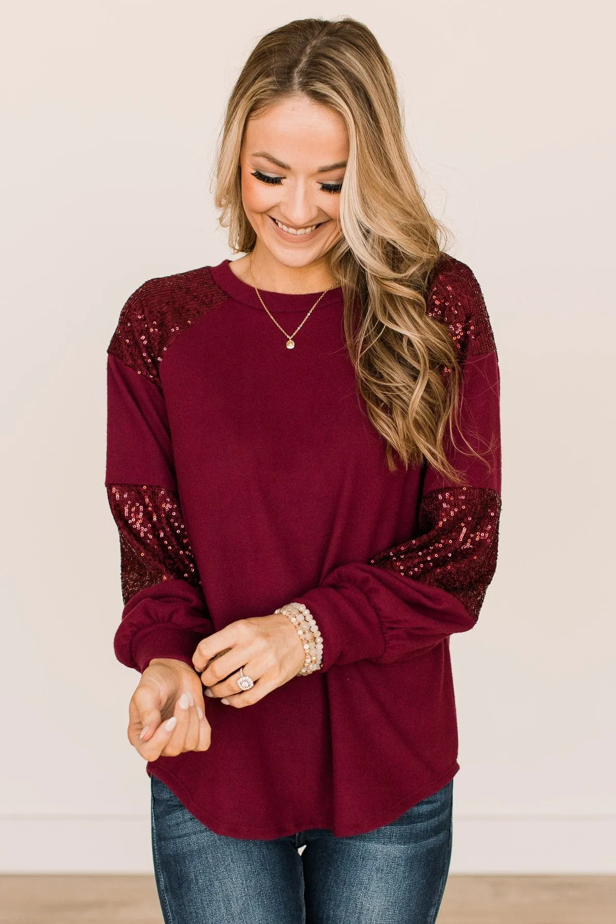 Special Moments Sequin Top- Burgundy