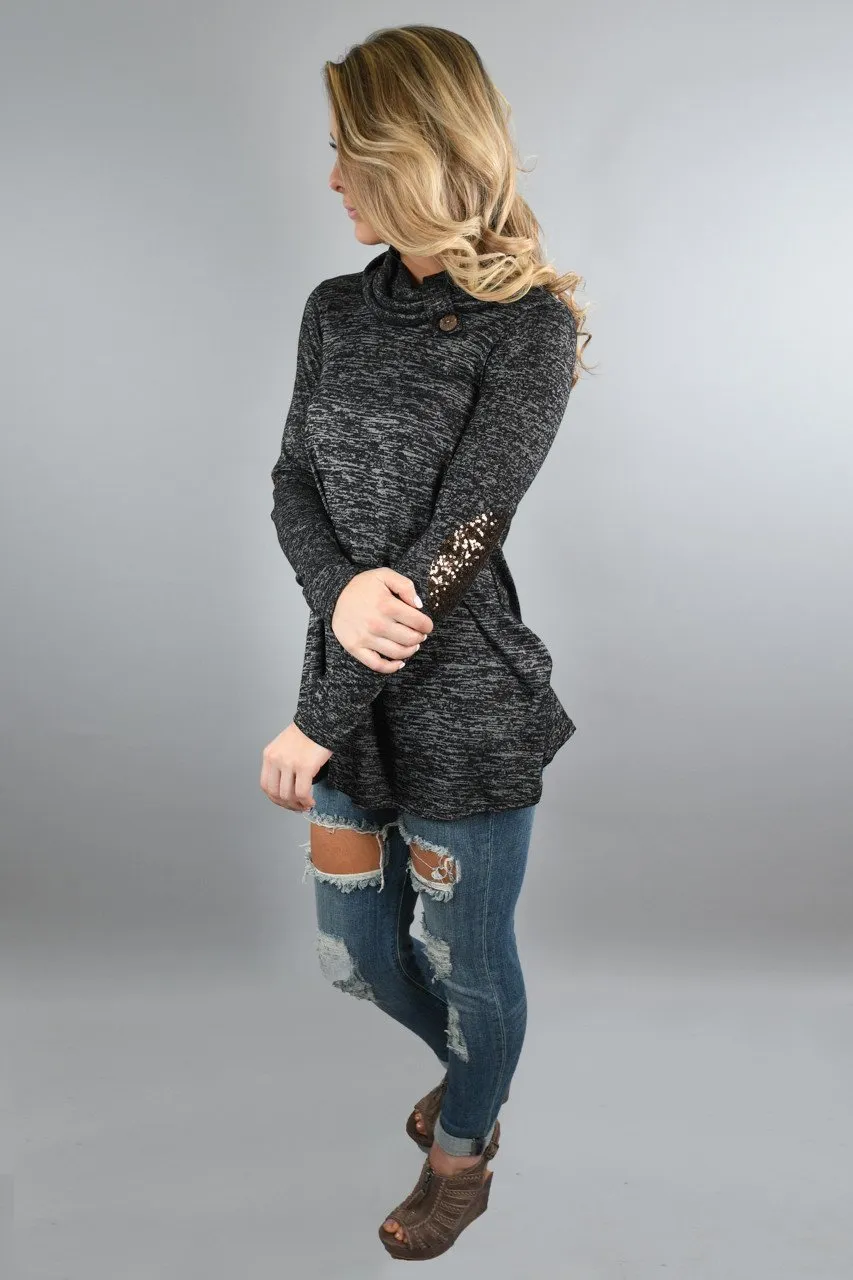 Speckled Charcoal Top w/Sequin Elbow Patches
