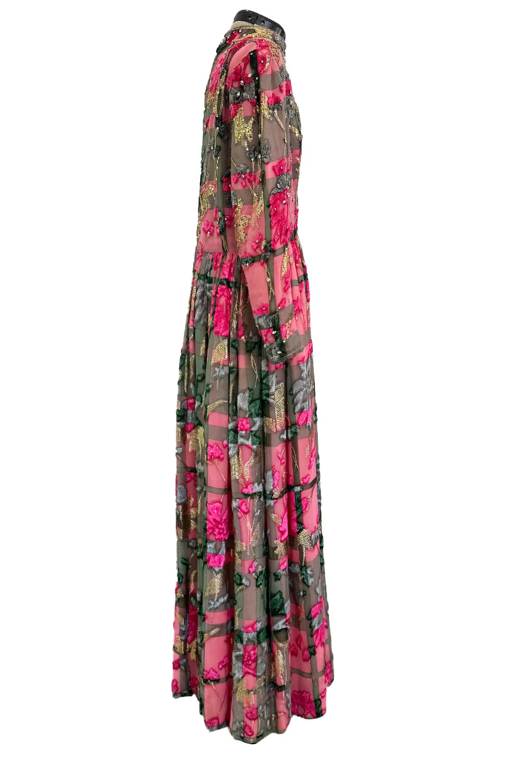 Spectacular 1960s George Halley Couture Pink & Gold Silk Chiffon Dress w Rhinestone & Velvet
