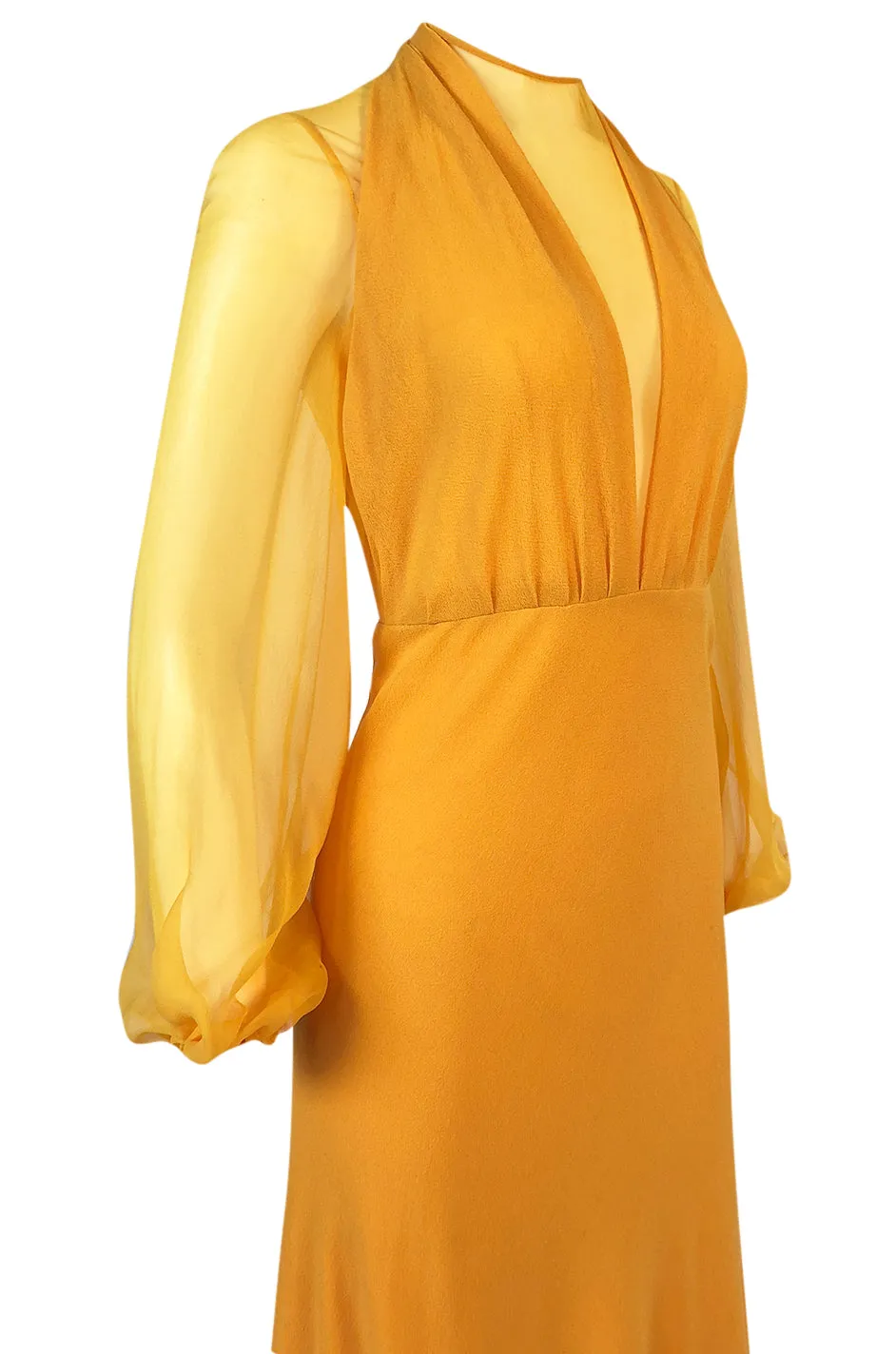 Spring 1972 James Galanos Couture Deep Yellow Silk & Chiffon Plunge Dress