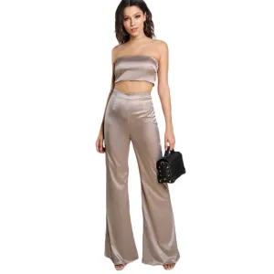 Strapless Satin Solid Bandeau Sexy Top and Matching Pants Set