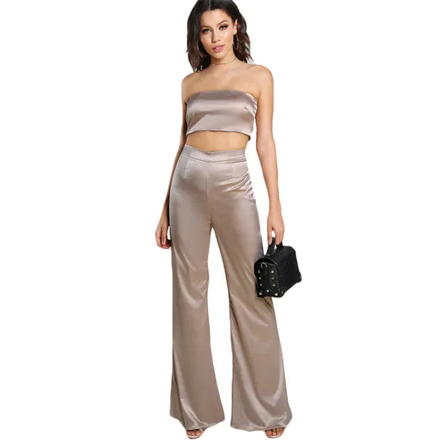 Strapless Satin Solid Bandeau Sexy Top and Matching Pants Set
