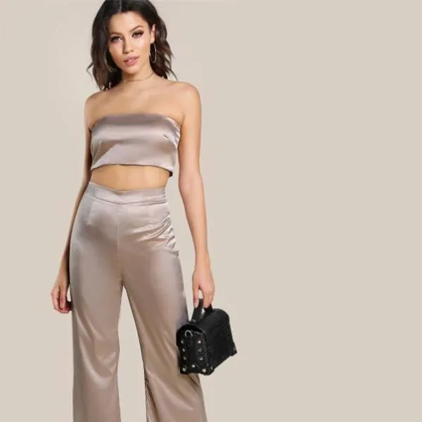 Strapless Satin Solid Bandeau Sexy Top and Matching Pants Set
