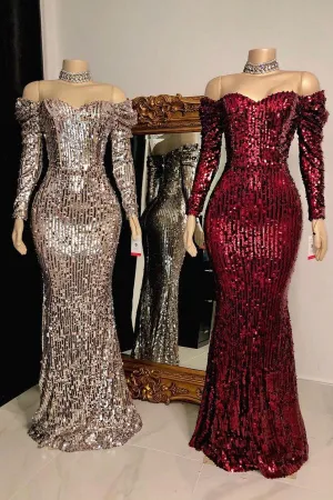 Strapless Sweetheart Sequins Floor Length Mermaid Evening Dresses with Sleeves