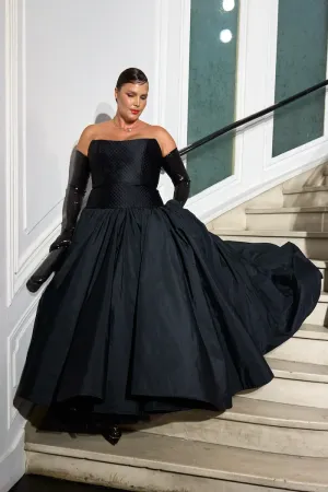 Strapless Topstitch Drop Waist Gown