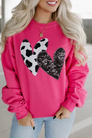Strawberry Pink Cow & Sequin Double Heart Patch Sweatshirt