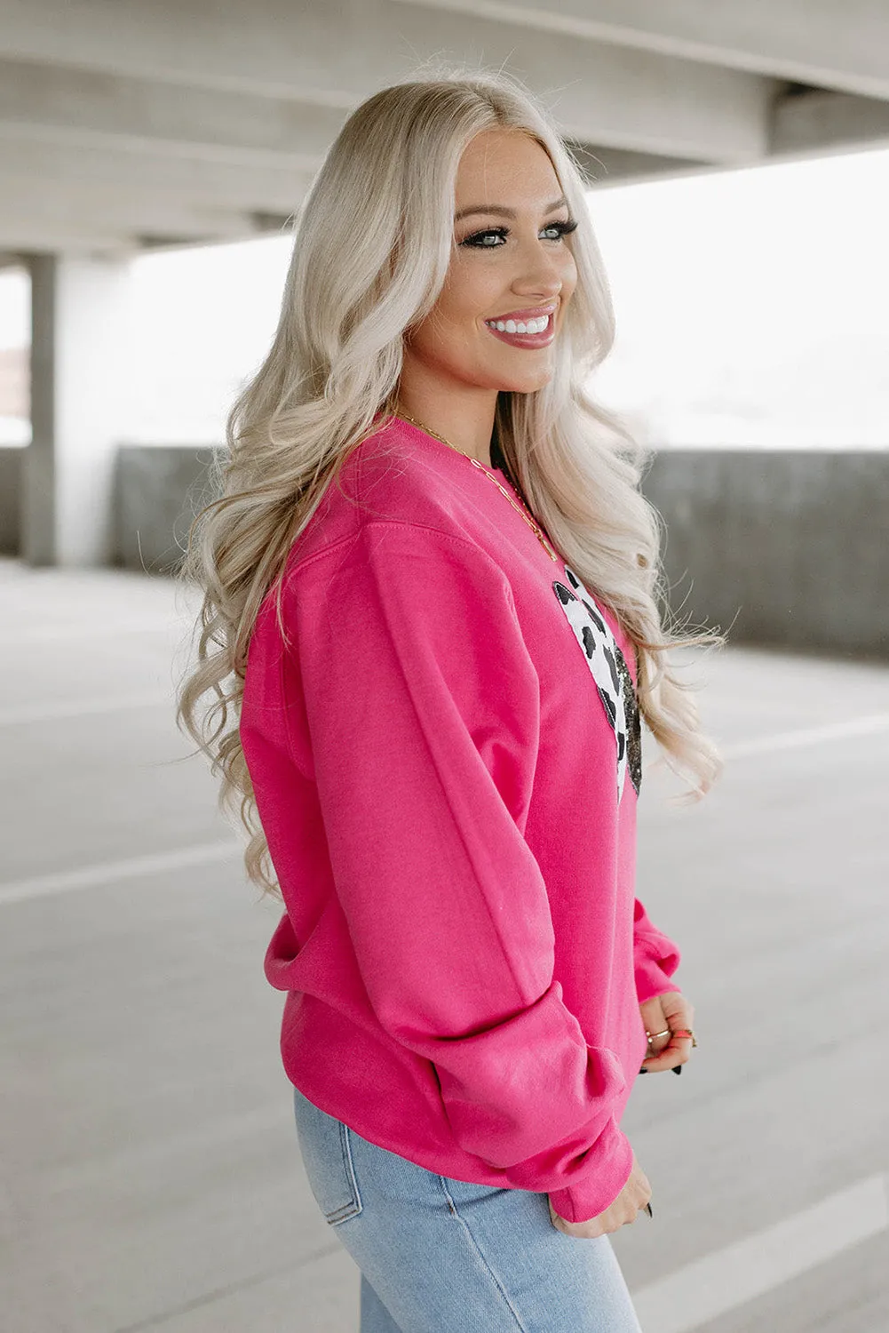 Strawberry Pink Cow & Sequin Double Heart Patch Sweatshirt