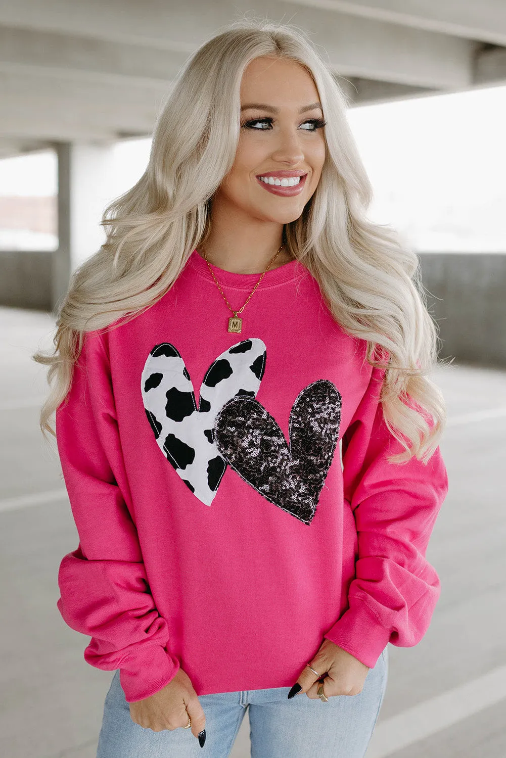 Strawberry Pink Cow & Sequin Double Heart Patch Sweatshirt