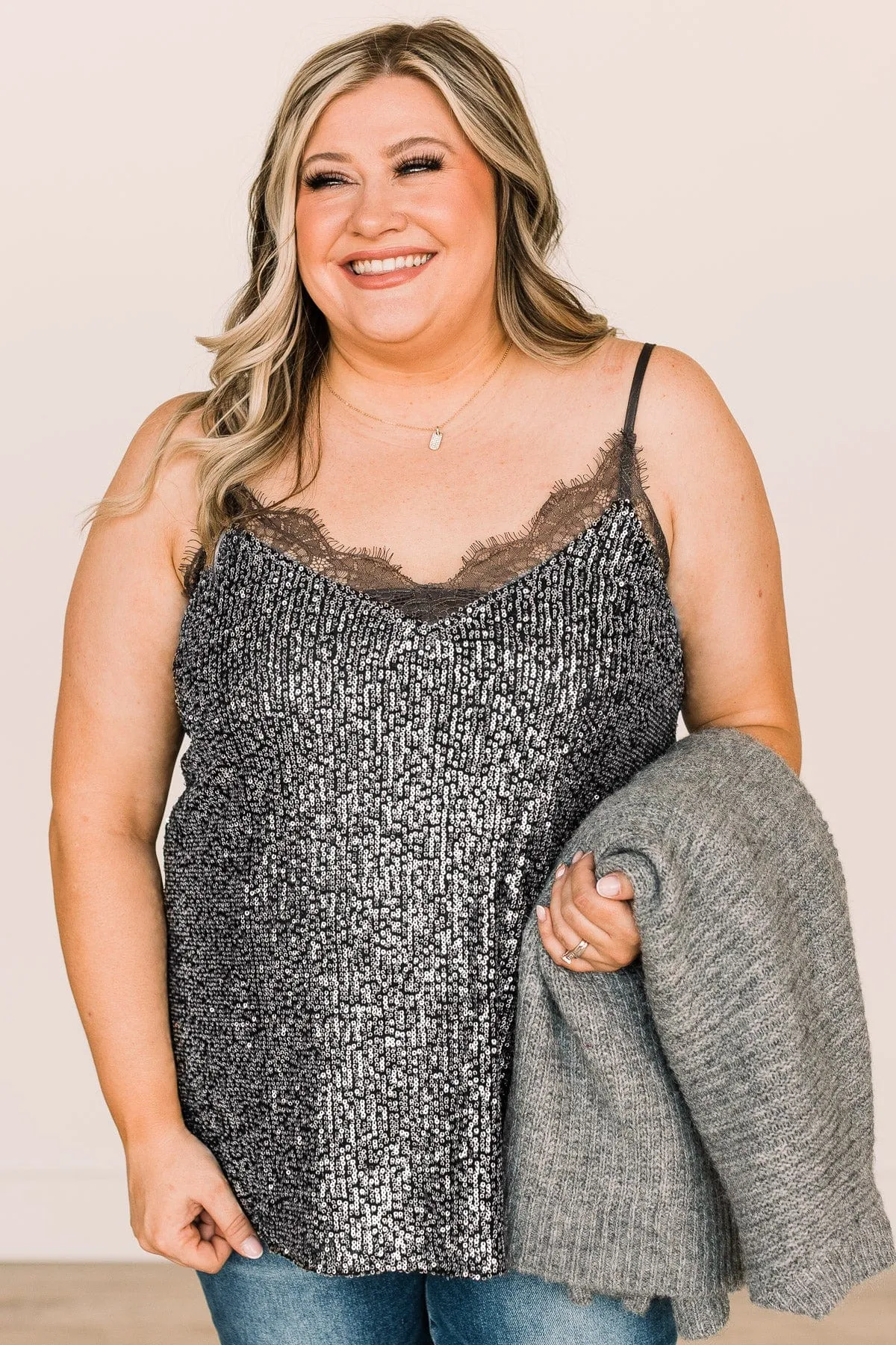 Stunning In Sequins Tank Top- Charcoal & Silver