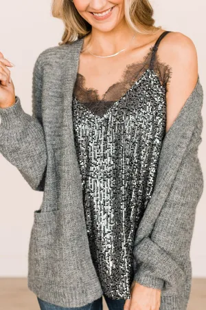Stunning In Sequins Tank Top- Charcoal & Silver