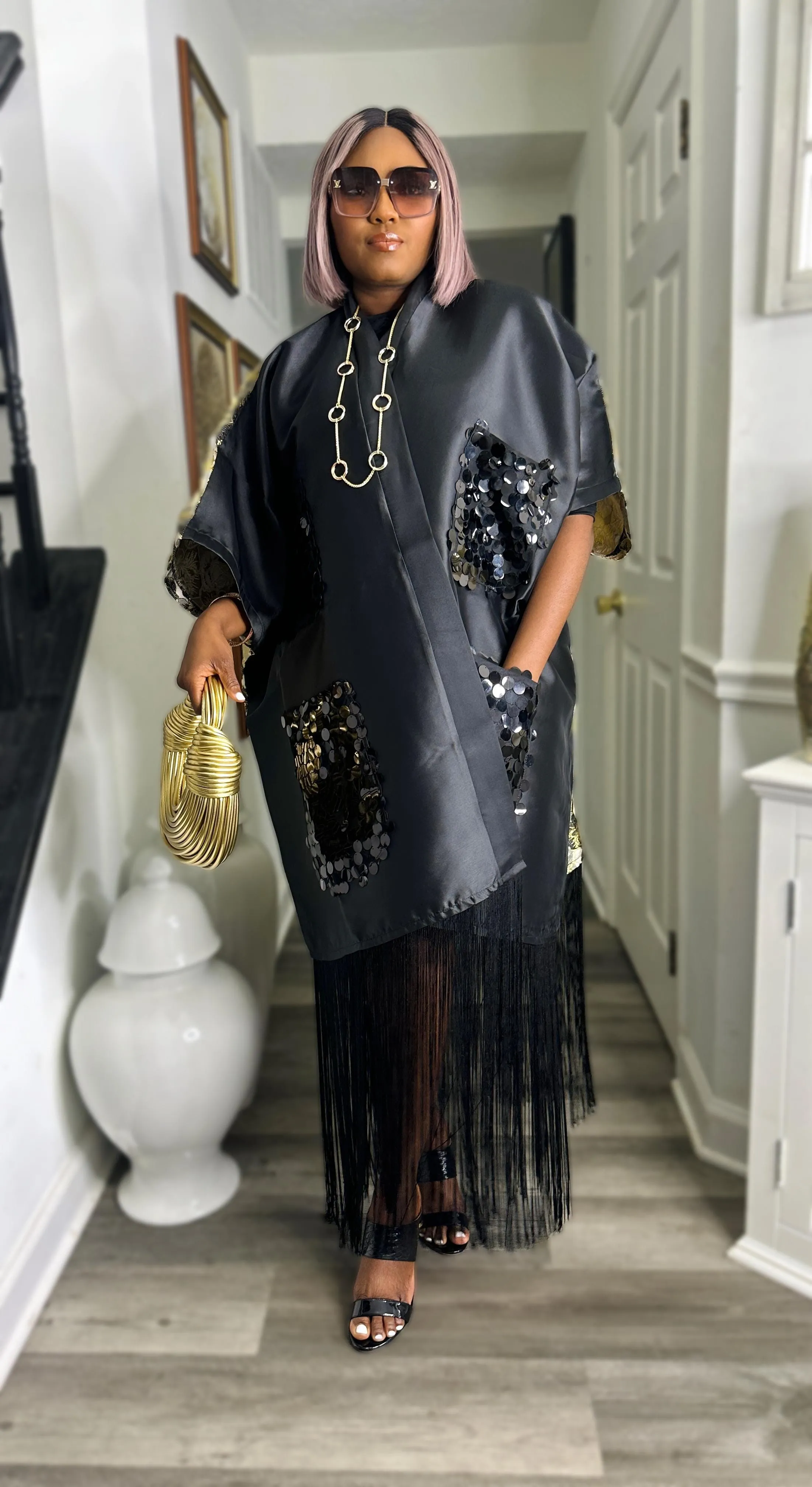 Swagger Fringe Kimono Top (Black)