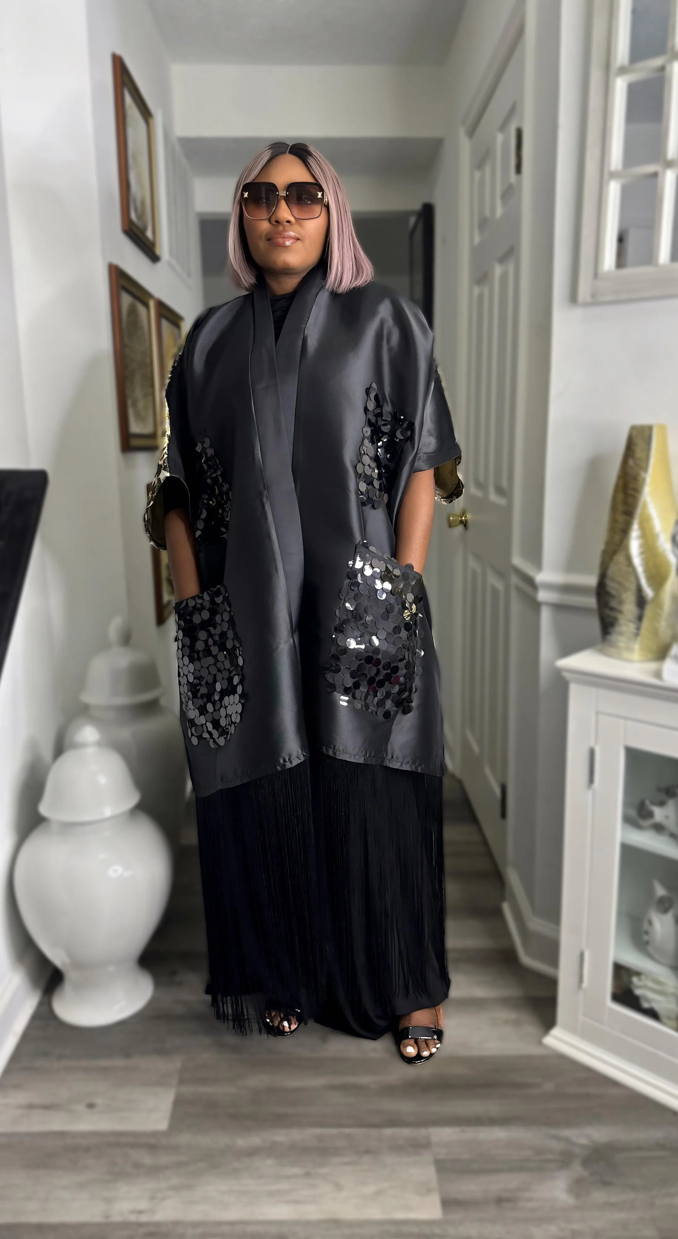 Swagger Fringe Kimono Top (Black)