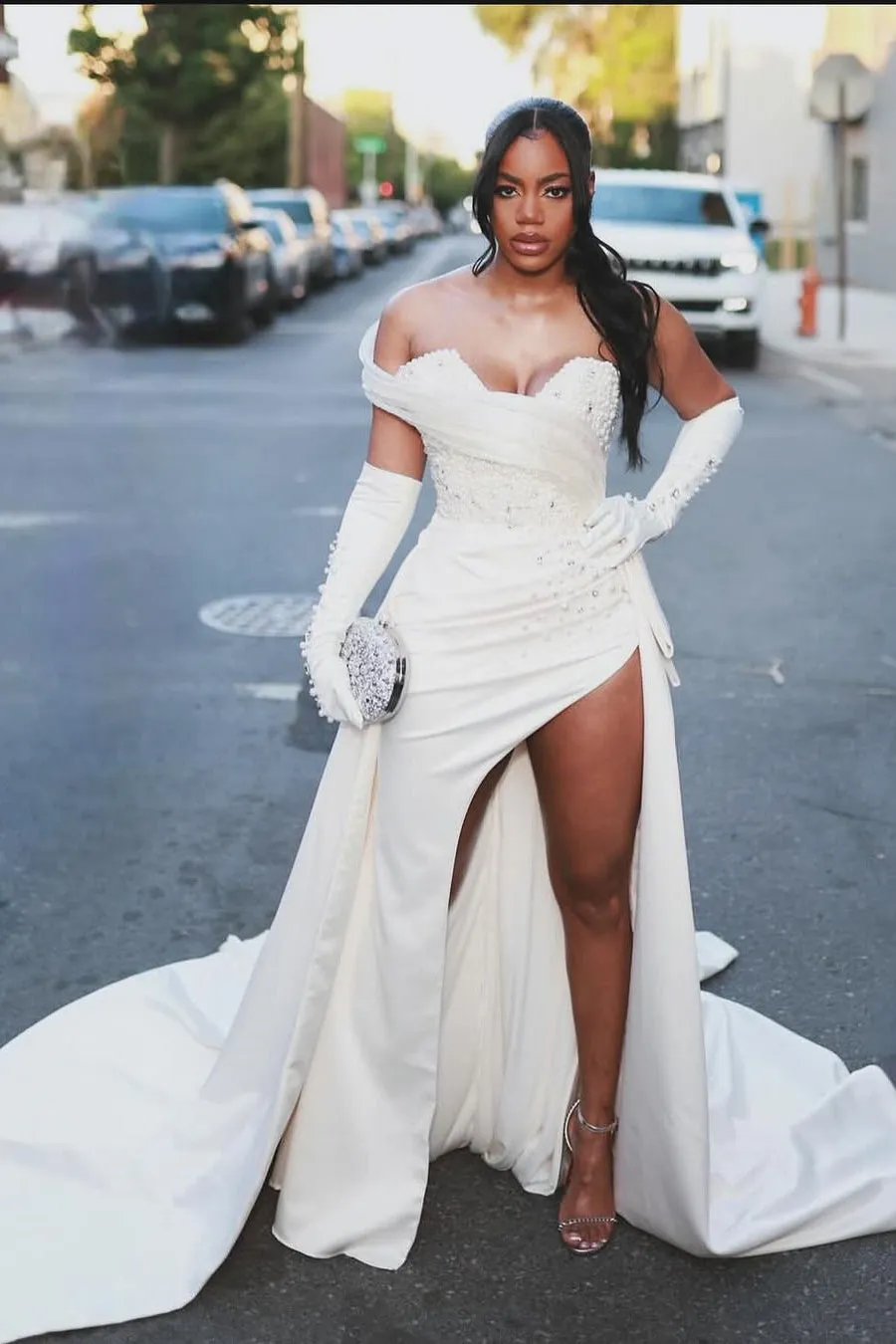 Sweetheart Ivory Beaded Ivory High Split Court Train Prom Dresses
