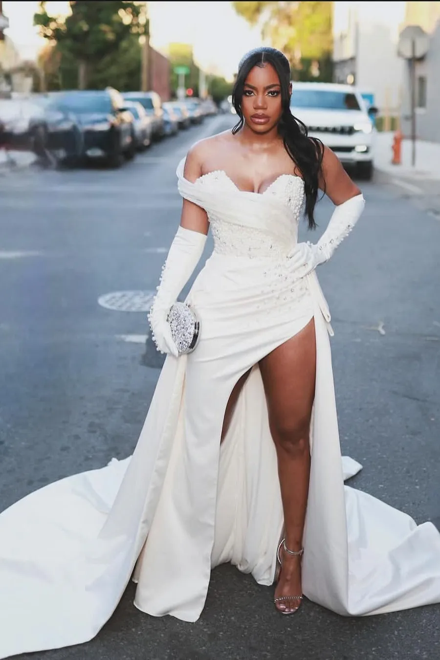 Sweetheart Ivory Beaded Ivory High Split Court Train Prom Dresses
