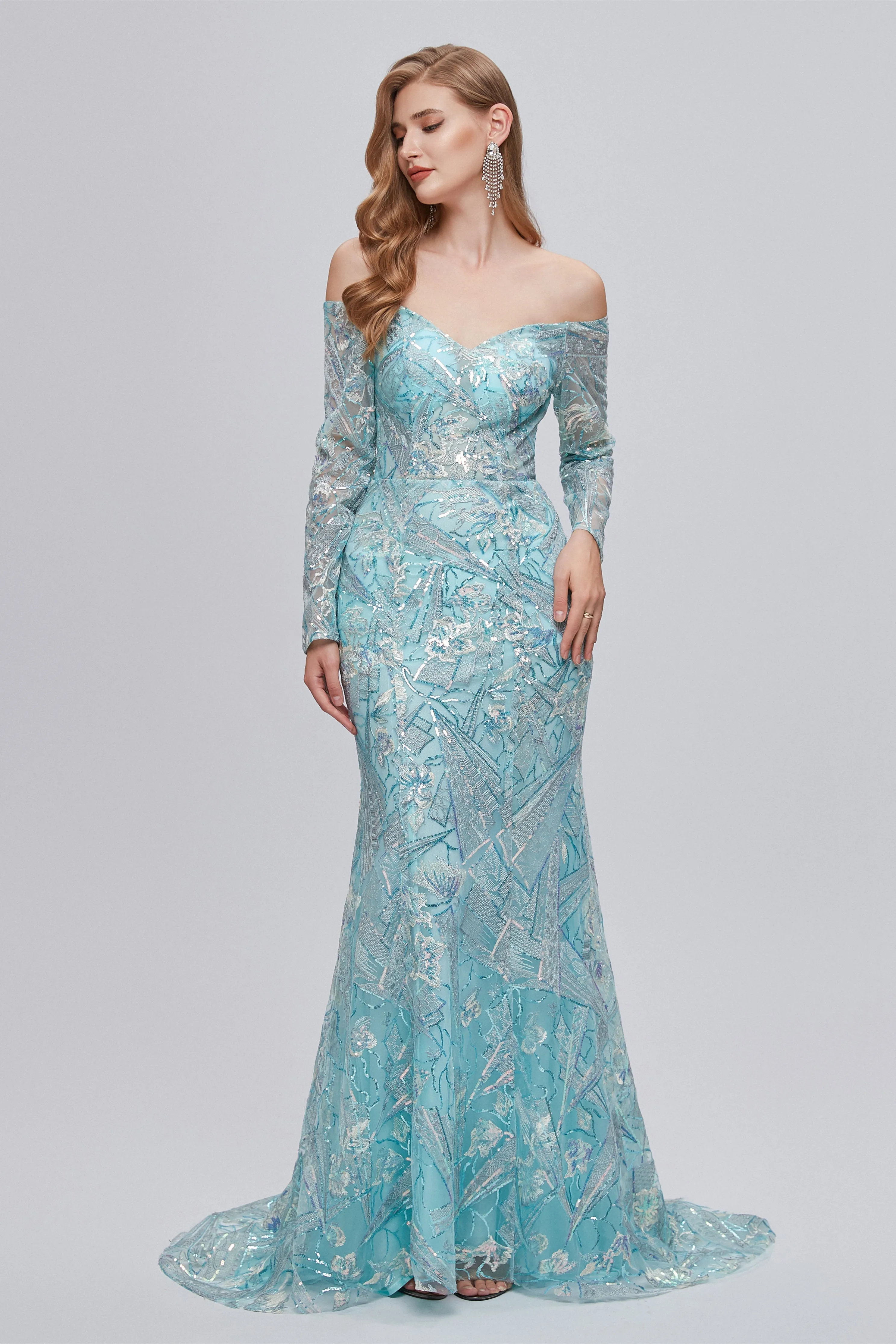 Sweetheart Strapless Lace Sequined Floor-length Long Sleeve Open Back Mermaid Prom Dress