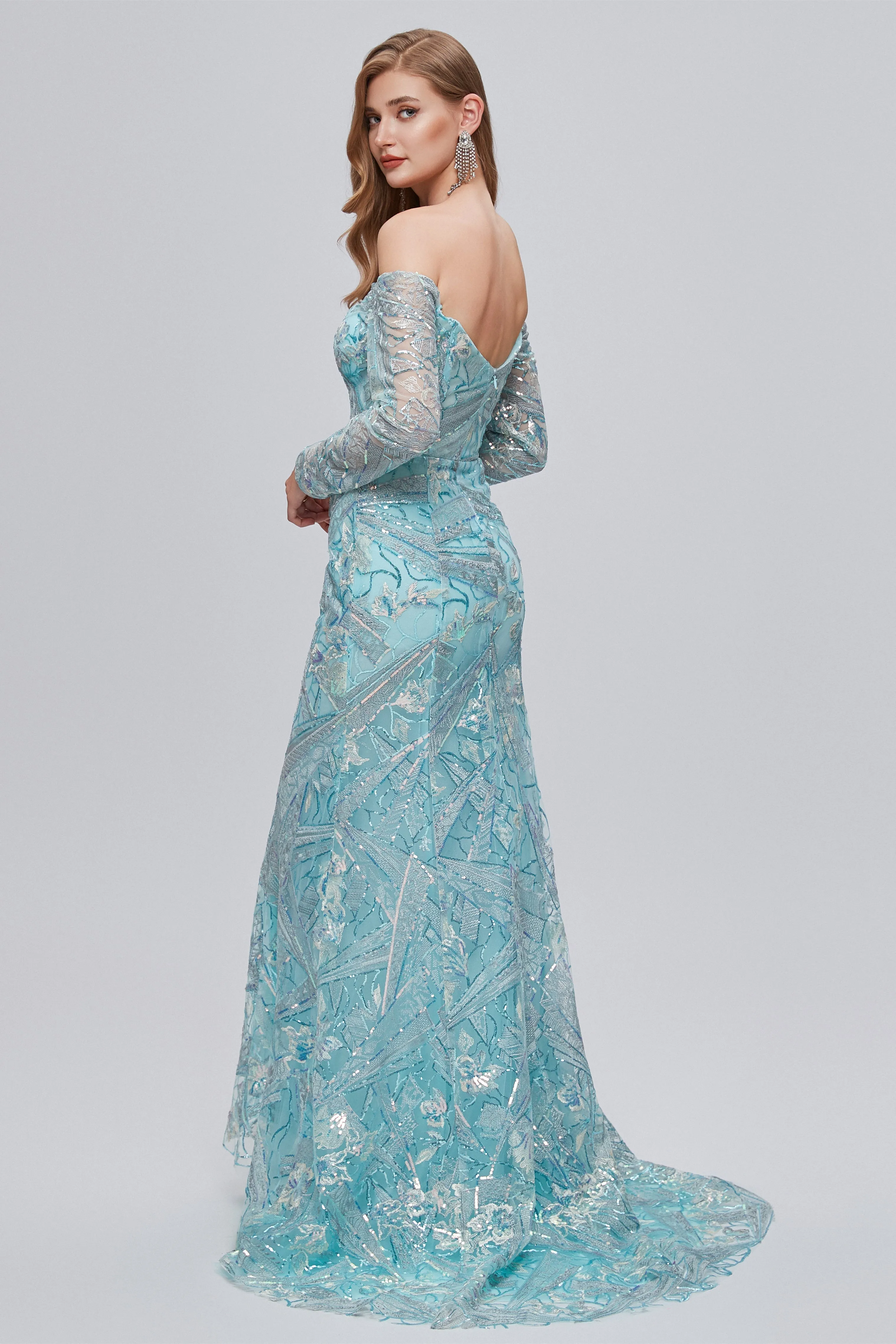 Sweetheart Strapless Lace Sequined Floor-length Long Sleeve Open Back Mermaid Prom Dress