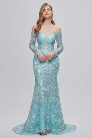 Sweetheart Strapless Lace Sequined Floor-length Long Sleeve Open Back Mermaid Prom Dress