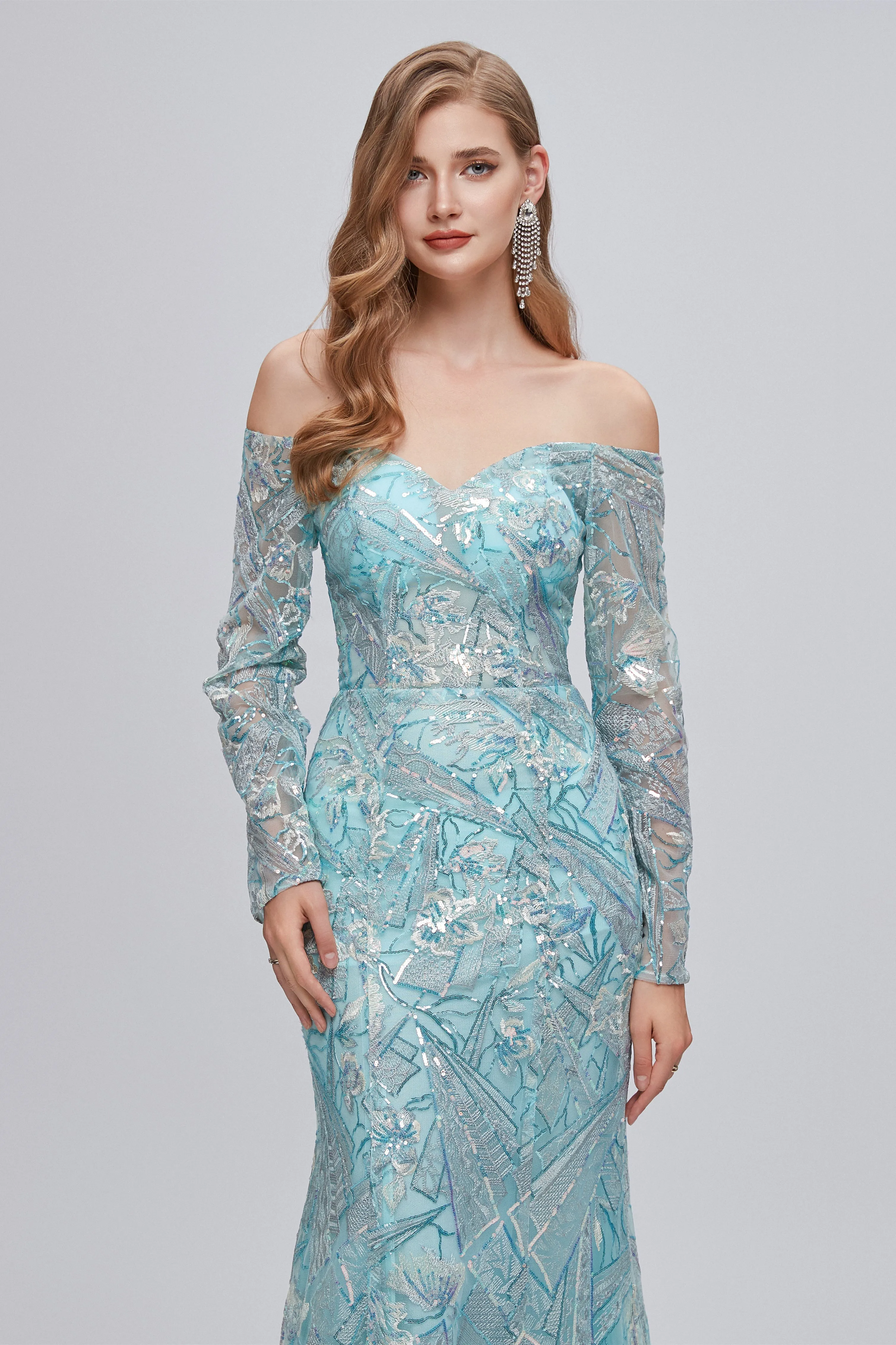Sweetheart Strapless Lace Sequined Floor-length Long Sleeve Open Back Mermaid Prom Dress