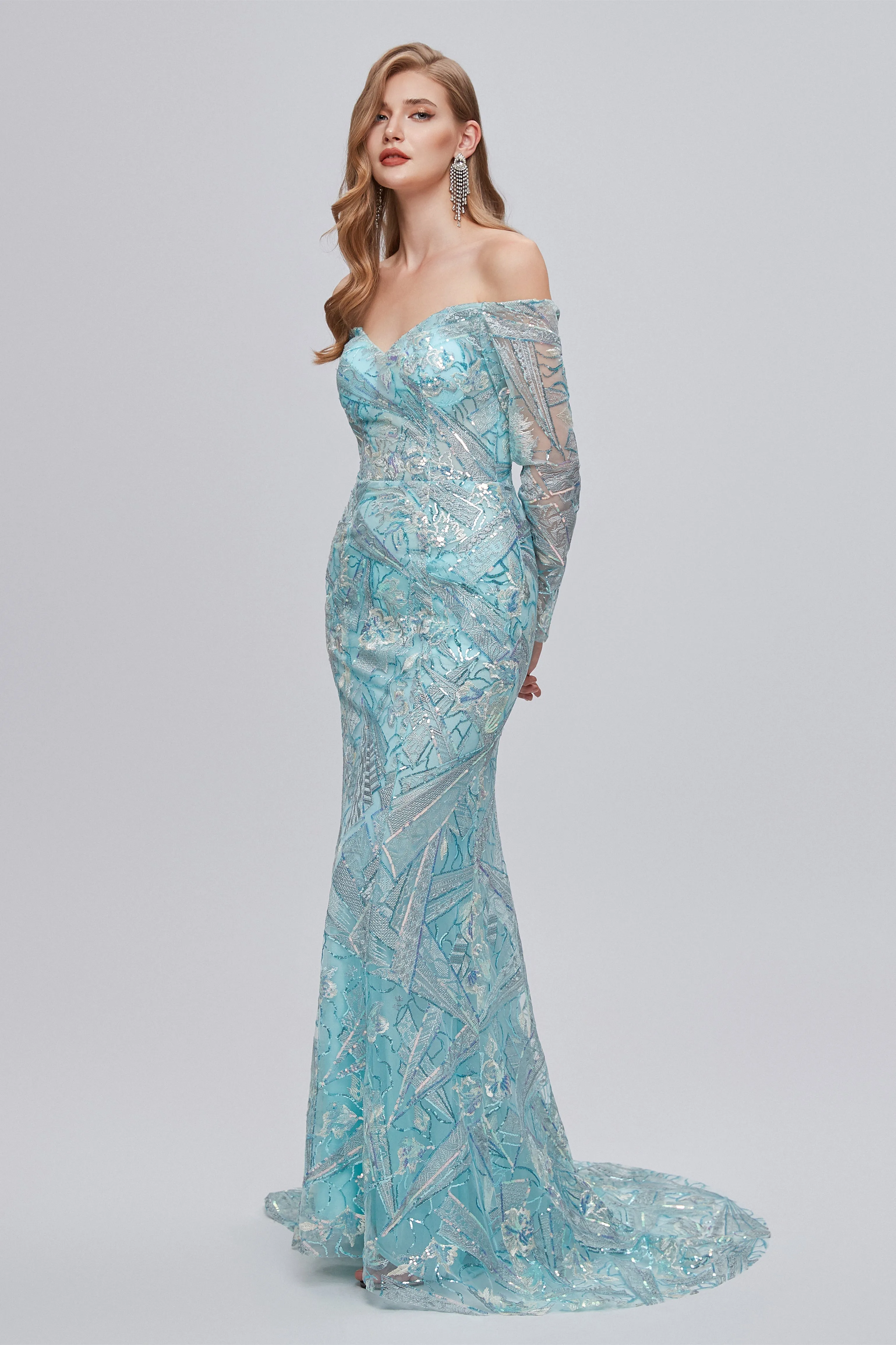 Sweetheart Strapless Lace Sequined Floor-length Long Sleeve Open Back Mermaid Prom Dress