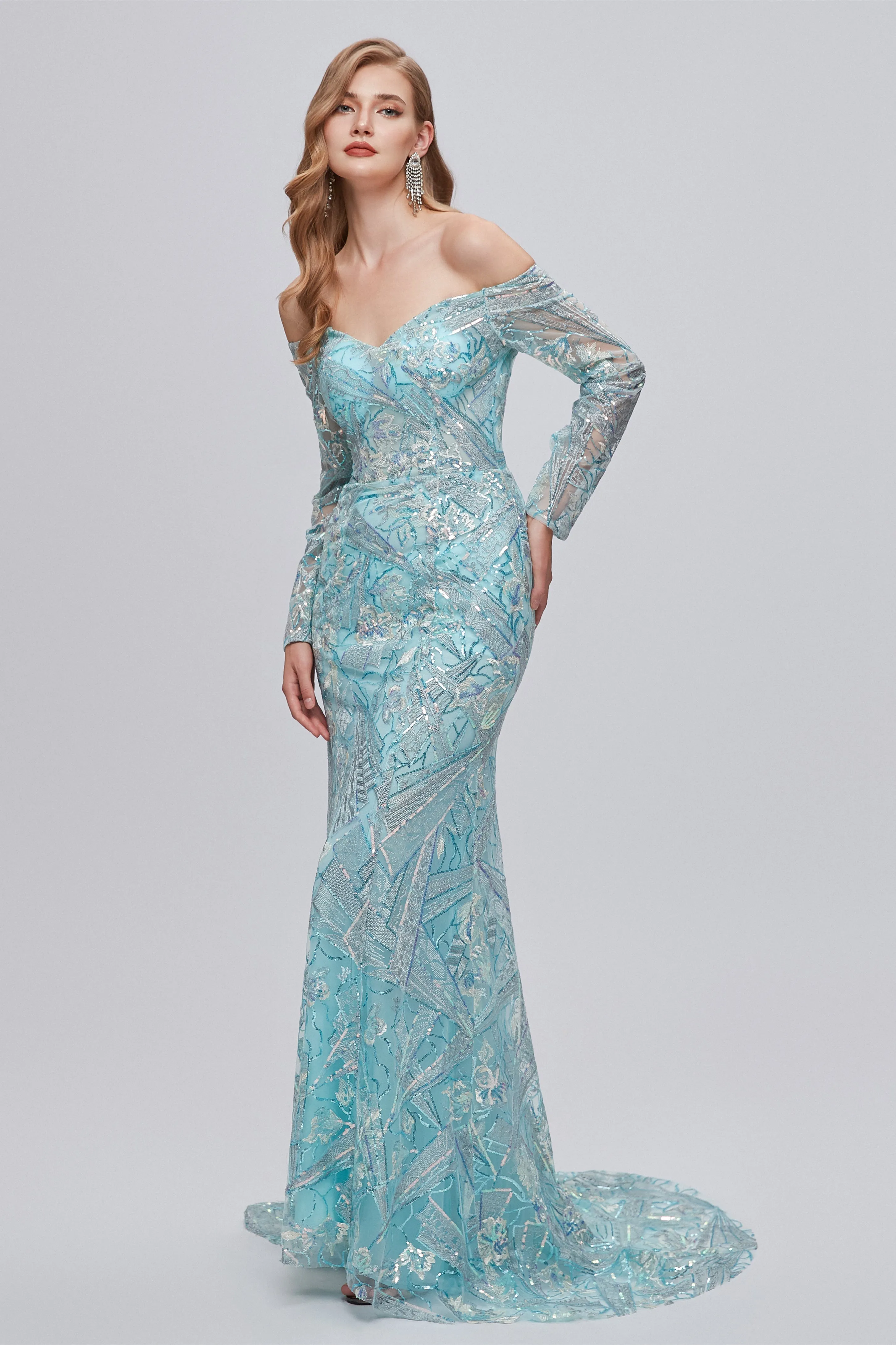 Sweetheart Strapless Lace Sequined Floor-length Long Sleeve Open Back Mermaid Prom Dress