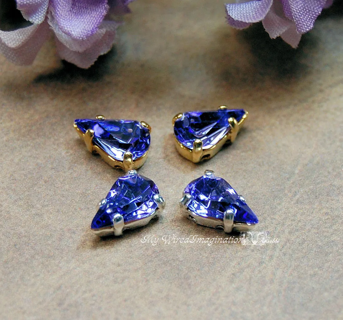 Tanzanite, Vintage Glass Cabochon, 2 Pcs 10x6mm Pears With Setting